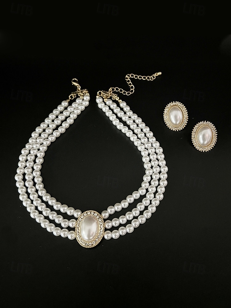 Женский комплект из ожерелья и сережек из искусственного жемчуга, винтажное элегантное многослойное колье-чокер с овальным кулоном, классические свадебные украшения для свадьбы, вечерних вечеринок и торжественных мероприятий. 2026 - $11.99 –P9