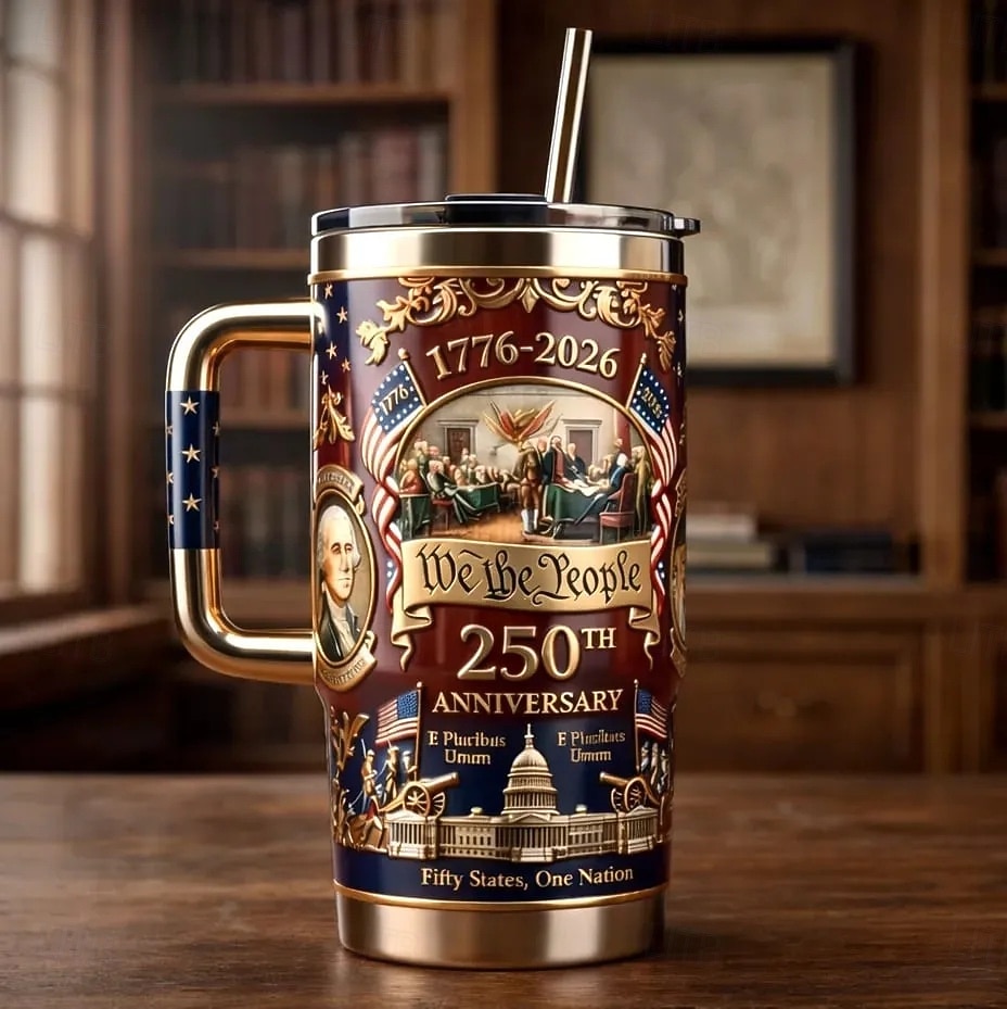 كوب سفر تذكاري بمناسبة الذكرى السنوية الـ 250 للولايات المتحدة، بتصميم "نحن الشعب 1776-2026"، كوب وطني من الفولاذ المقاوم للصدأ مع غطاء وماصة، هدية مثالية لعيد الأب أو لقدامى المحاربين 2026 - $42.99 –P1