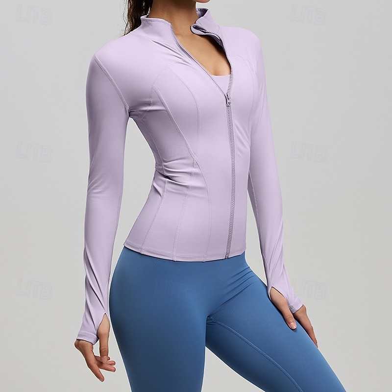 Dam Solid färg Joggingjacka Utomhusjacka Sportjacka Sommar Vår Höst Blixtlås i fullängd Smal Långärmad Snabb tork Lättvikt Elastisk Andningsfunktion Gym Löpning Träning Blå Rodnande Rosa Purpur 2026 - $23.99 –P4