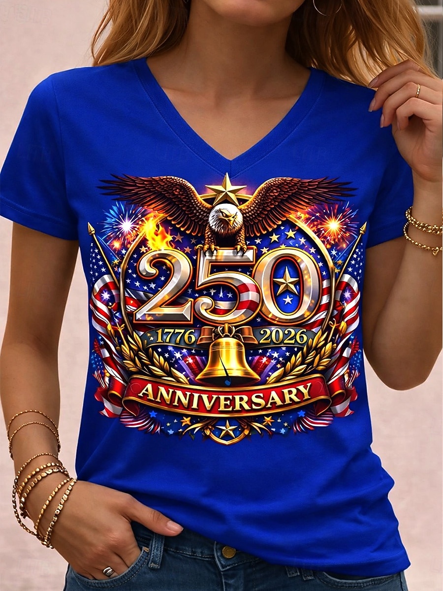 Uavhengighetsdagen Amerikansk Jubileum Patriotisk Dame T-skjorte Trykk Grafikk Flagg Vintage Stilig Klassisk Korte Ermer V-hals Vanlige topper Daglig Blå Sommer Vår 2026 - $21.99 –P3