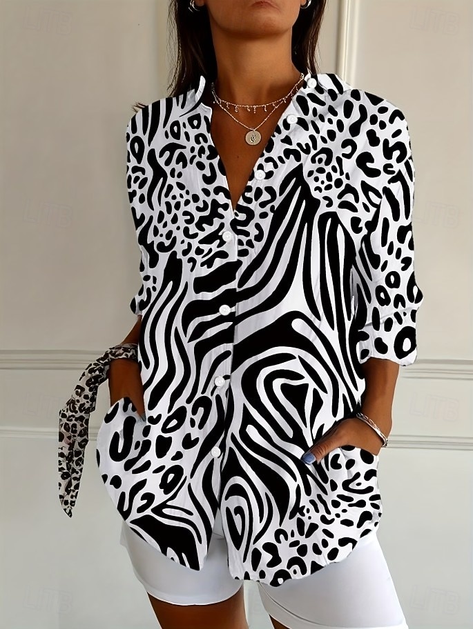 Dam Skjorta Blus Lappverk Knappar Mönster Grafisk Geometrisk Rutig Vintage Tropisk Dagligen Långärmad Tröjkrage Långa toppar Dagligen Blå Svart Rubinrött Marinblå Orange Sommar Vår 2026 - $32.99 –P7