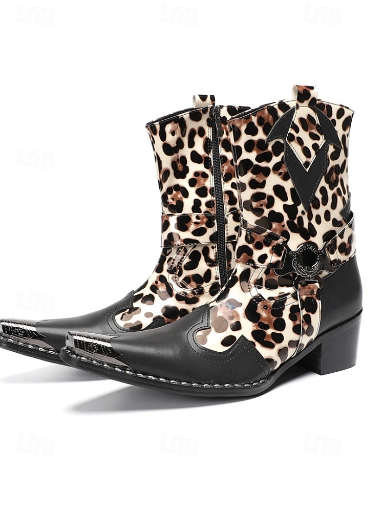 Botas masculinas de couro legítimo para festivais, com estampa de leopardo, ideais para música. de 2026 por $189.99 –P7