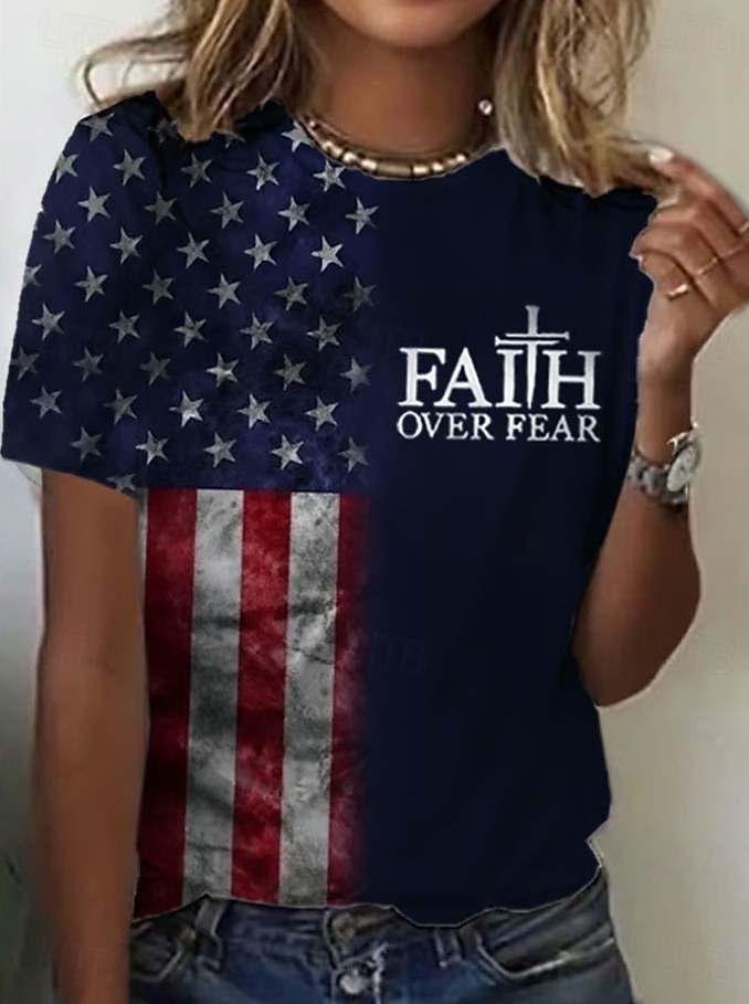 تي شيرت نسائي وطني لعيد الاستقلال برسمة علم عتيقة أنيقة كلاسيكية بأكمام قصيرة بحافة عادية يومية عطلة مطبوعة زرقاء ربيع صيف 2026 - $22.99 –P6