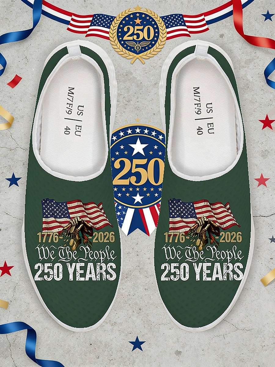 Женские патриотические слипоны — удобные и дышащие сетчатые зеленые туфли с изображением американского флага для парадов, Дня независимости 4 июля, 250-летия США и национальных торжеств. 2026 - $32.99 –P5