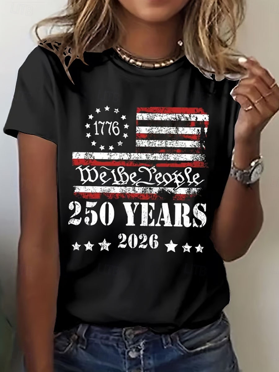 Independence Day American Anniversary Patriotic Women's T Shirt Print Graphic Flag Letter Stylish Classic Casual Short Sleeve Crew Neck Regular Tops Daily Blue Black White Red Summer Spring 2026 - $22.99 –P3