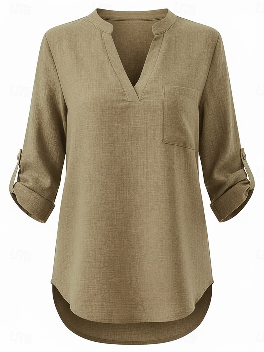 Per donna Camicie di cotone e lino Top estivi Blusa Top Eleganti Arricciato Patchwork Tasca Tinta unica Semplice Elegante Vintage Signore Manica 3/4 Colletto a Camicia Top Regolari Quotidiano Lavoro del 2026 a $22.99 –P4