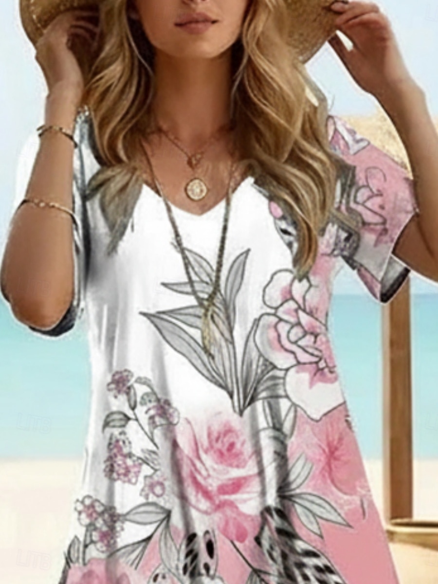 Damen Maxikleid Freizeitkleid A Linie Kleid Druckkleid Mode Modern Outdoor Strand Urlaub Lässiger Schnitt Blumen Grafik Kurzarm V Ausschnitt Rosa Sommer Frühling 2026 - $25.99 –P3