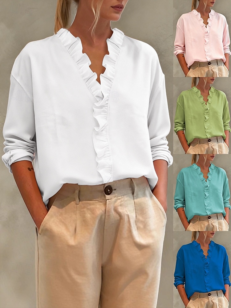 Women's Linen-feel Shirts Blouse Ruffle Solid Color Stylish Basic Casual Long Sleeve V Neck Regular Tops Daily Blue White Pink Royal Blue Green Spring Fall 2026 - $21.99 –P1