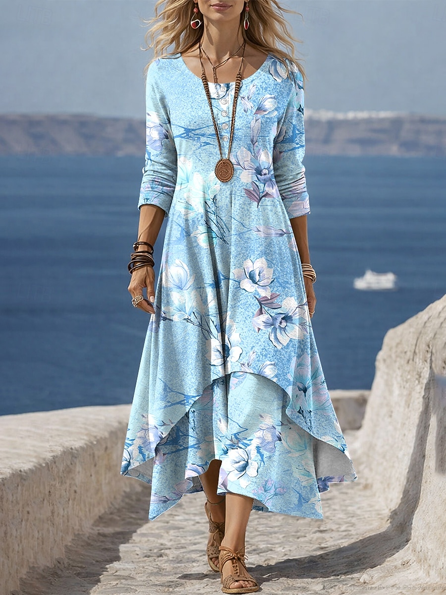 Dames Halflange jurk Hemdjurk Casual Dagelijks Feestdagen Normale pasvorm Bloemig Grafisch Lange mouw Strakke ronde hals blauw Blozend Roze Paars Groen Zomer Lente 2026 - $48.99 –P4