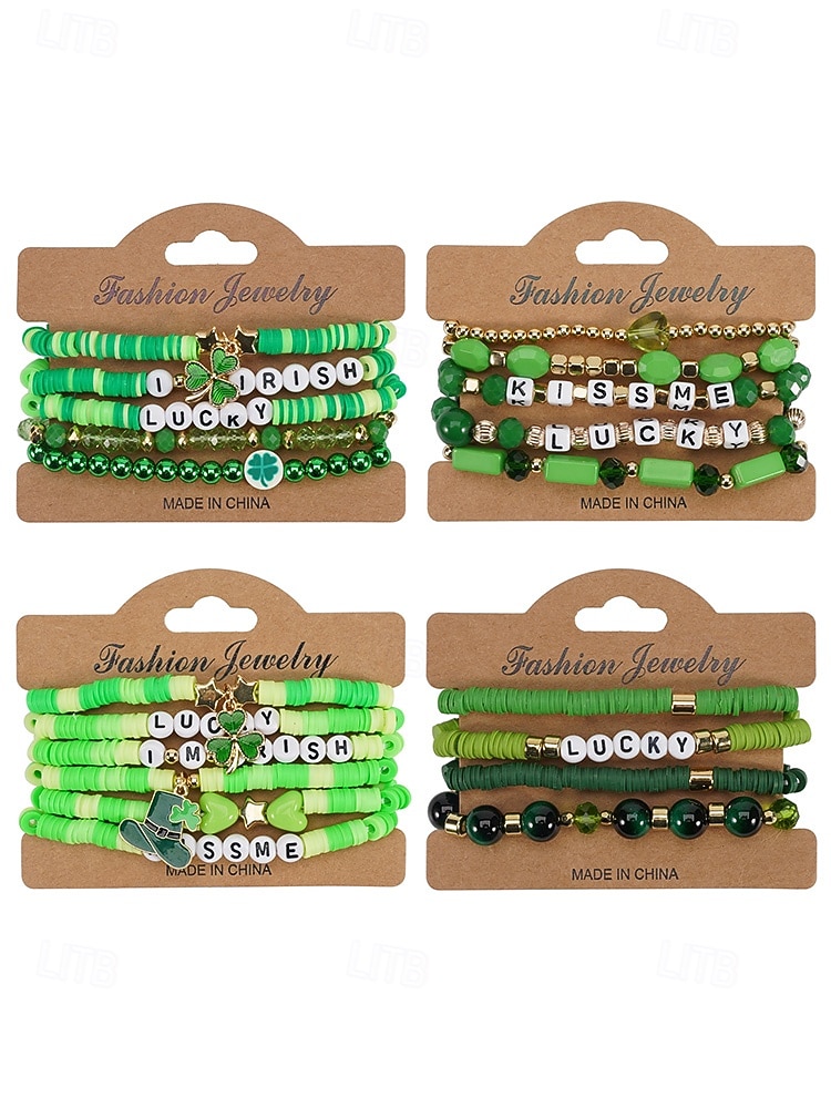 Set de brățări cu mărgele pentru femei de Ziua Sfântului Patrick, brățări cu pandantive din rășină și aliaj, bijuterii cu litere irlandeze cu trifoi în mai multe stiluri, perfecte pentru parade de sărbători, petreceri și ținute festive 2026 - $9.99 –P3