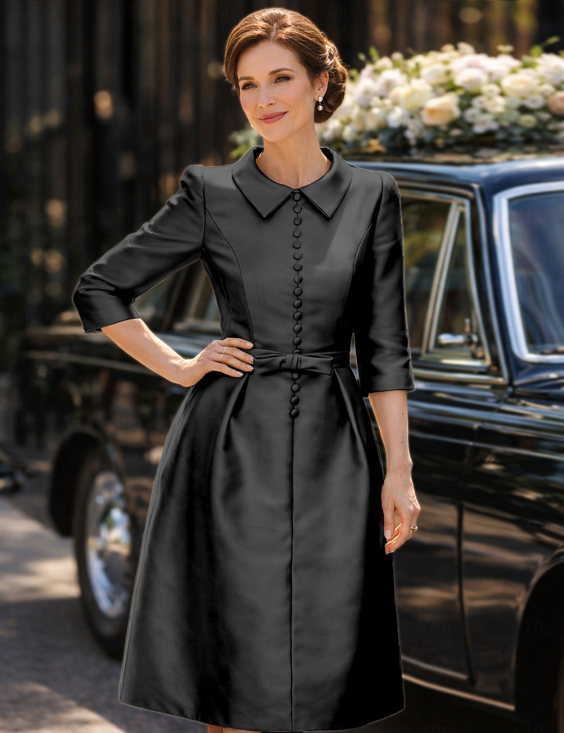 Schlauchkleid Knielang Partykleid Cocktailkleid Kleid für Hochzeitsgäste Brautmutterkleid Dreiviertelarm Hemdkragen Elegant Minimalistisch Hochzeitsgast Cocktailparty Formeller Abend Stretch Satin mit 2026 - $126.99 –P13