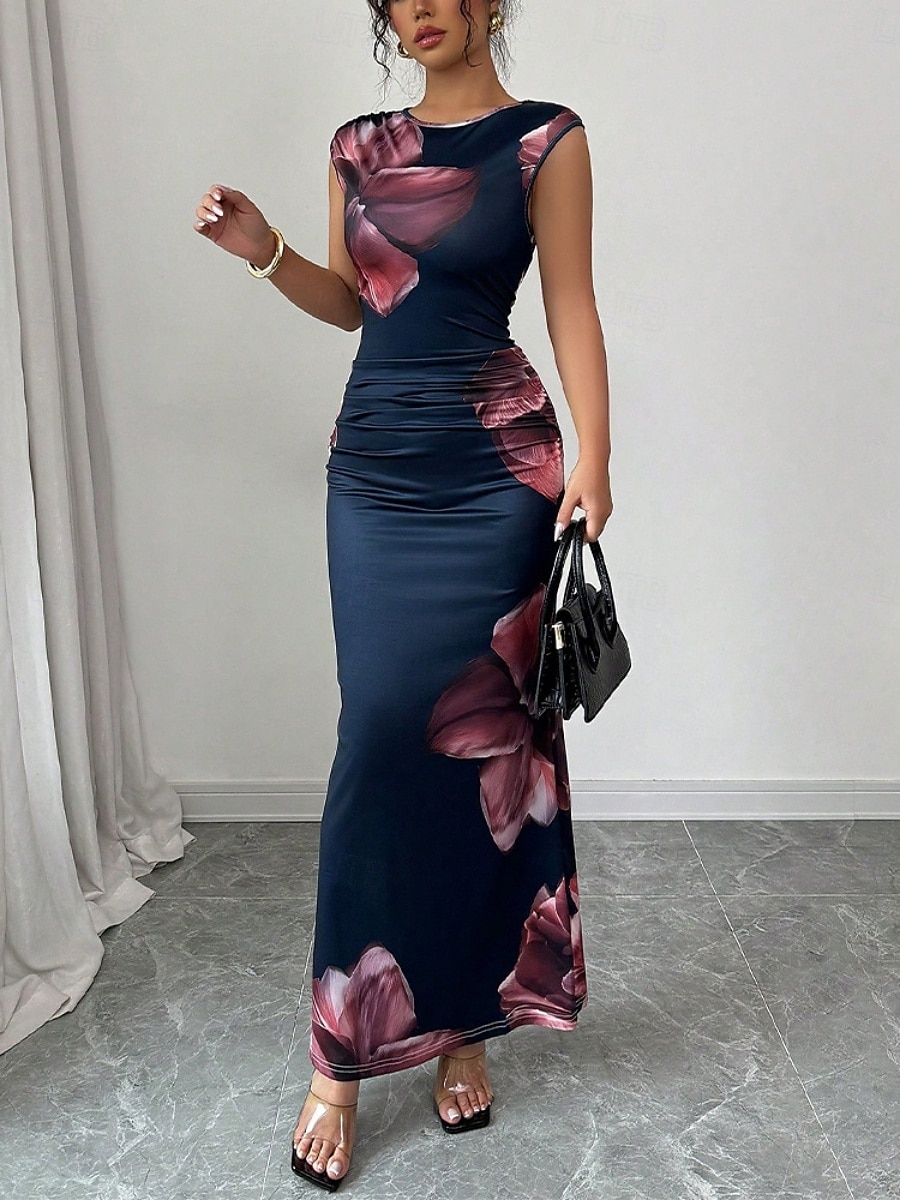 Dames Maxi-jurk Satijnen Jurk Bodycon Bloemetjesjurk Jurk met print Elegant Modieus Modern Buiten Vakantie Feest Normale pasvorm Bloemig Mouwloos Strakke ronde hals Marineblauw Zomer Lente 2026 - $19.99 –P6