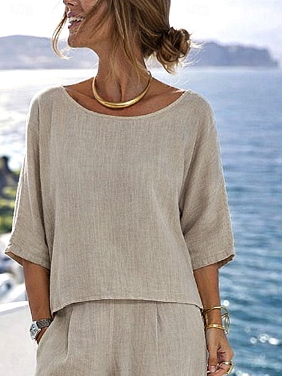 Mulheres Conjuntos de linho de algodão Conjuntos de calças Bolero Top Meia Manga Gola Redonda Côr Sólida Moda Roupa de rua Casual Diário Ao ar livre Azul Preto Branco Verão Normal de 2026 por $35.99 –P3