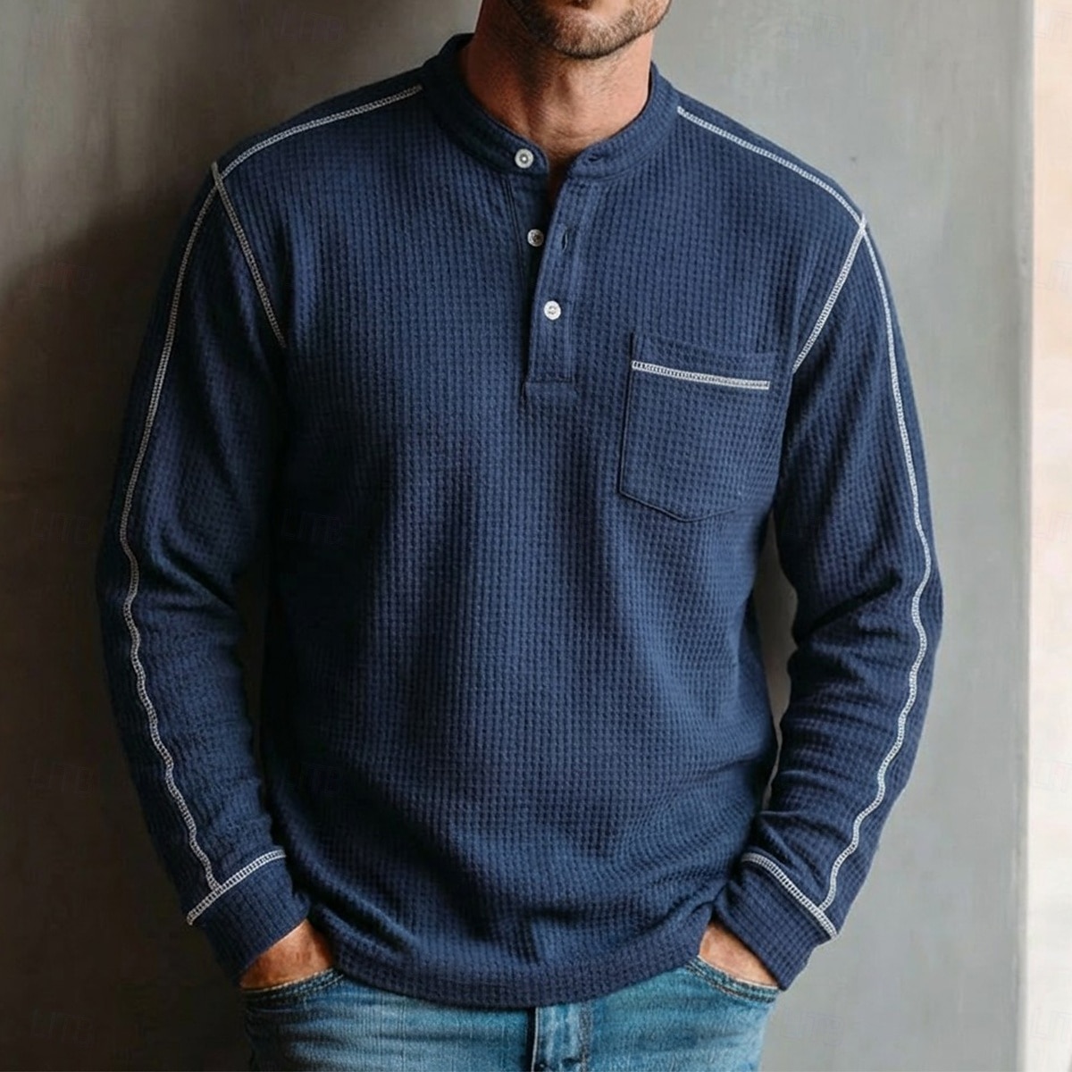 Hombre Camiseta con diseño de gofre Camiseta Camisa henley gofrada Manga Larga Henley Primavera Todas las Temporadas Color sólido Casual Bolsillos Casual Hogar Exterior Rojo Camiseta superior para 2026 - $22.99 –P4