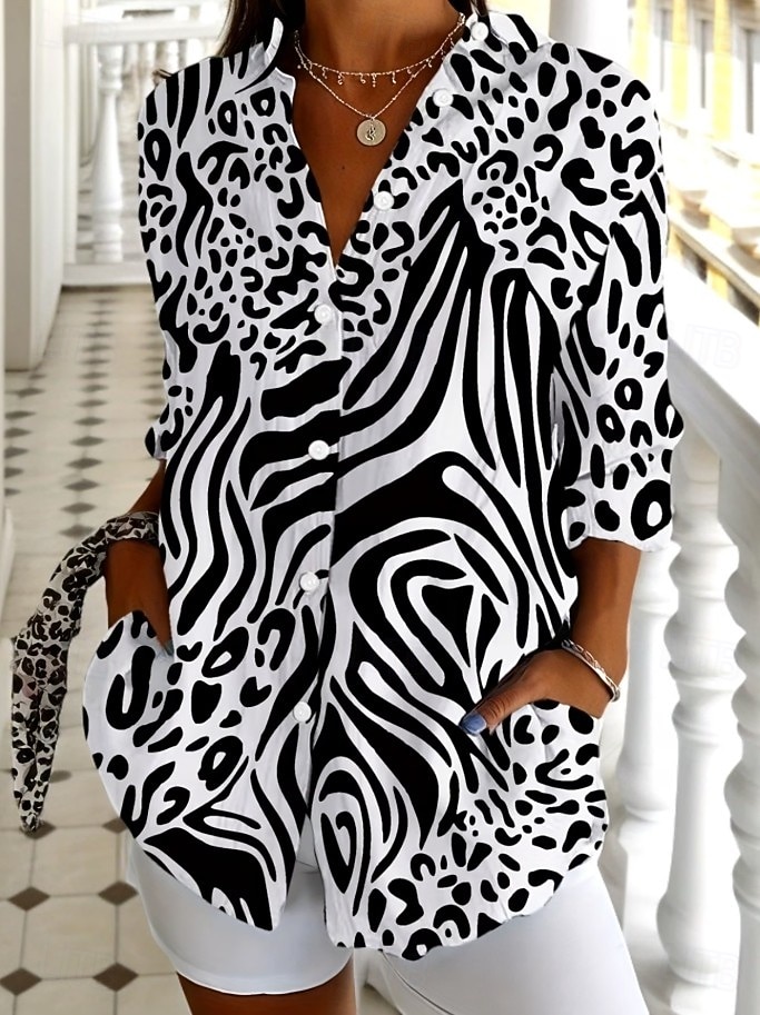 Damen Hemd Bluse Patchwork Knöpfe Druck Grafik Geometrisch Karomuster Vintage Tropisch Täglich Langarm V Ausschnitt Hemdkragen Lange Oberteile Täglich Strandbekleidung Urlaubskleidung Blau Schwarz 2026 - $32.99 –P9