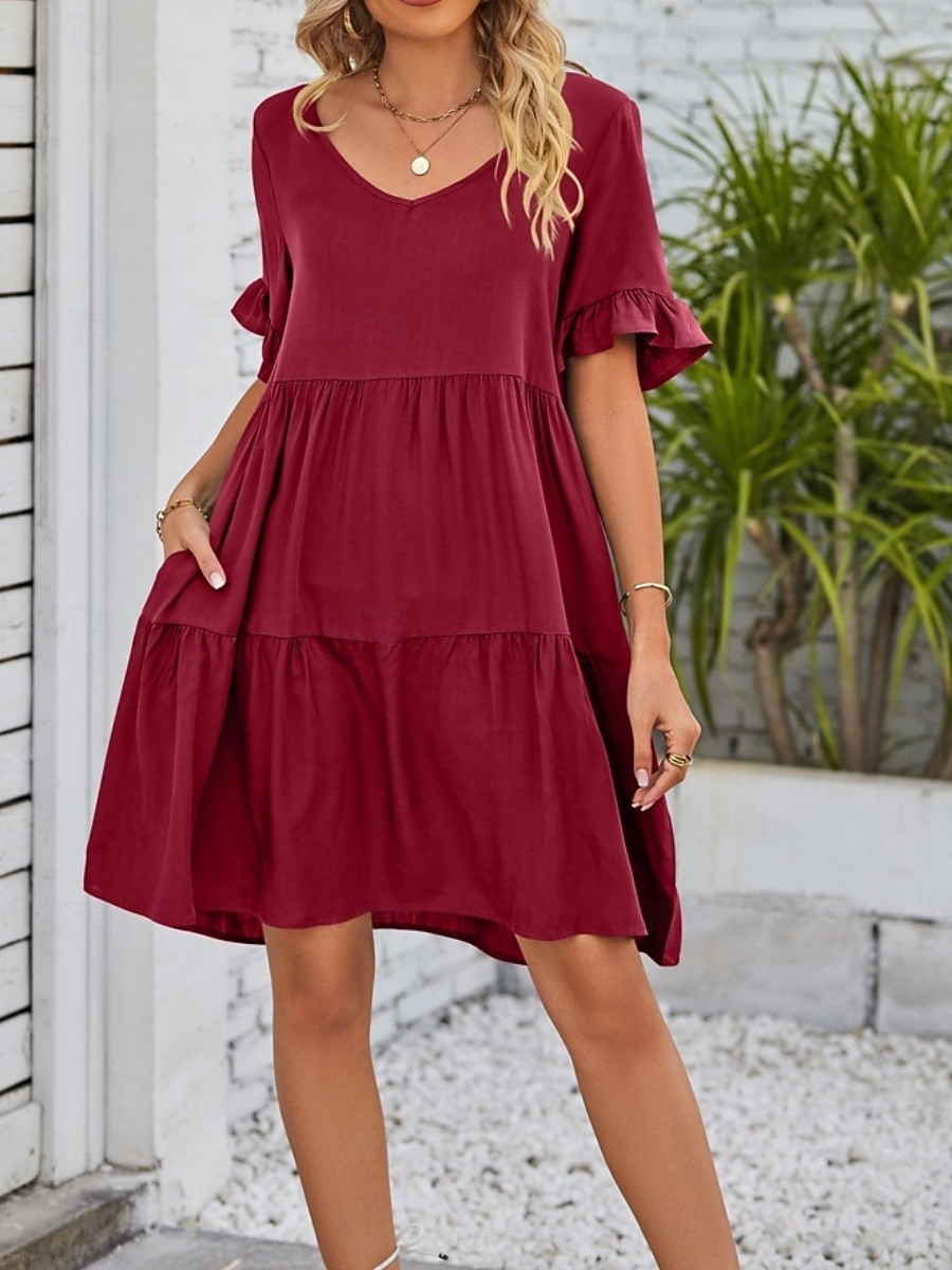 Dames Mini-jurk Casual jurk Katoenen jurk Zomerjurk Elegant Modieus Modern Buiten Vakantie Uitgaan Ruim Passend Effen Korte mouw V-hals Zwart Wit Leger Groen Bordeaux Zomer Lente 2026 - $21.99 –P6