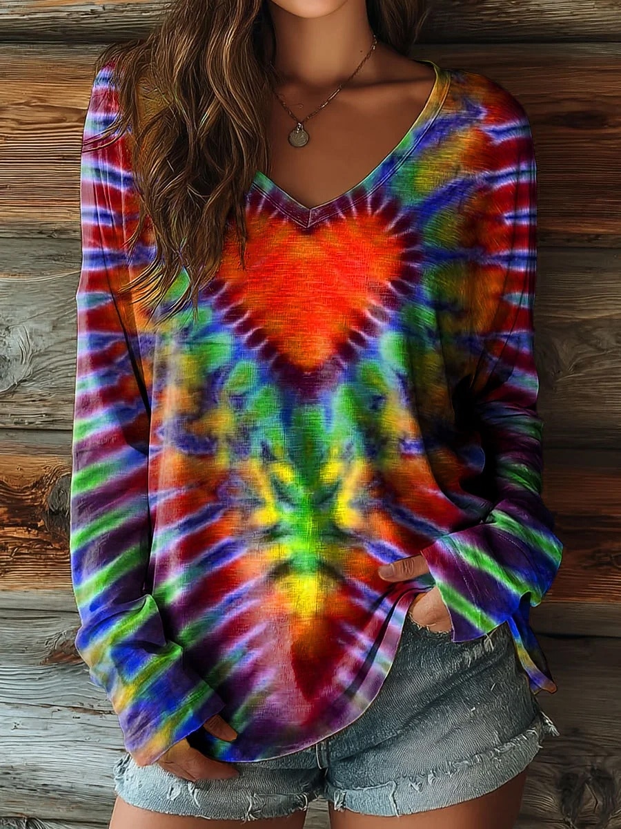 Damen T Shirt Druck Herz Grafik Batik Bohemien Vintage Ethnisch Langarm V Ausschnitt Normale Oberteile Täglich Blau Gelb Rote Purpur Grün Sommer Frühling Herbst 2026 - $26.99 –P5