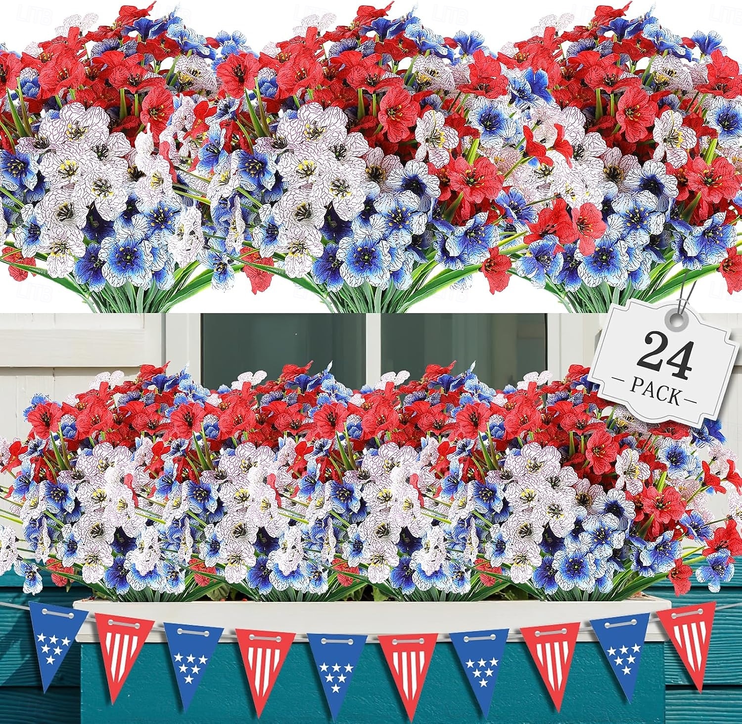 24 ramos de flores artificiais para decoração externa, patriótica, 250º aniversário, 4 de julho, Dia da Independência, flores artificiais de plástico que não desbotam, para jardim, varanda, floreira, de 2026 por $31.99 –P1