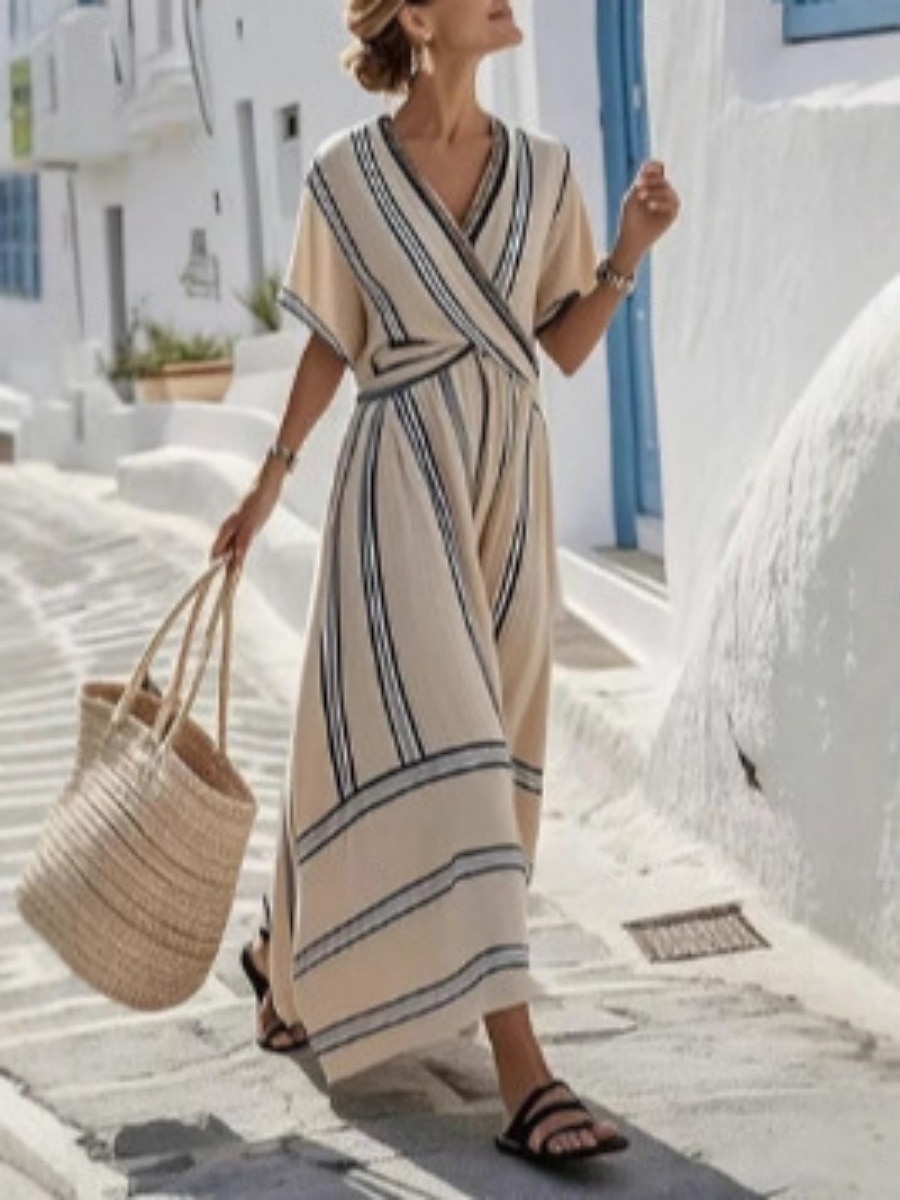 Mujer Vestido Midi Vestido de una línea Vacaciones Casual Exterior Noche Ajuste regular Raya Manga Corta Escote en Pico Azul marinero Amarillo Azul cielo Beige Verano Primavera 2026 - $41.99 –P6