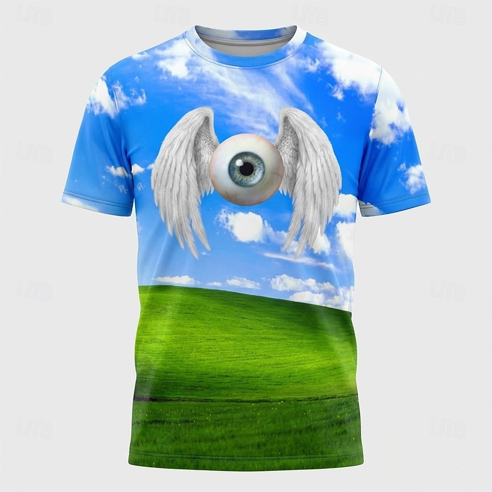 Męska koszulka Dreamcore z aniołami, gałką oczną, grafiką 3D, surrealistycznym niebem i zielonym wzgórzem, dziwaczny, estetyczny t-shirt, odzież, rozmiary S, M, L, XL, XXL, XXXL 2026 - $21.99 –P1