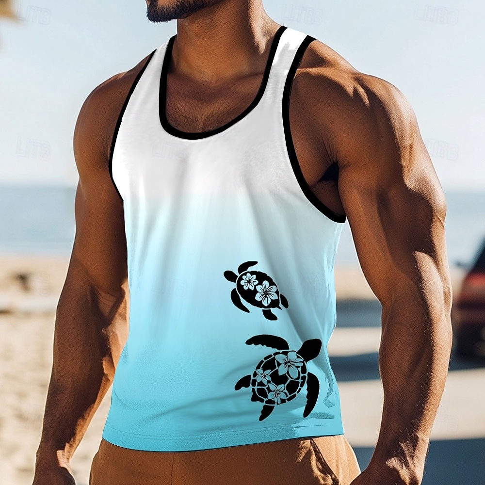 Camiseta sin mangas con estampado de tortuga marina, flor de hibisco, estilo hawaiano tropical, estilo náutico, degradado, cuello en U, para verano, playa, vacaciones, surf, ropa informal, tallas S, 2026 - $17.99 –P1