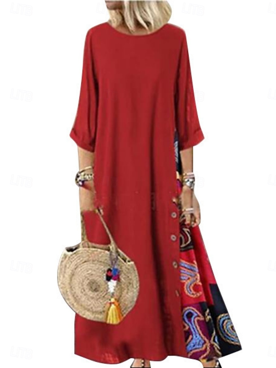 Robe maxi en lin pour femme faux coton robe décontractée coupe ample graphique floral manches 3/4 col rond noir jaune rouge violet été printemps de 2026 ? $22.99 –P7