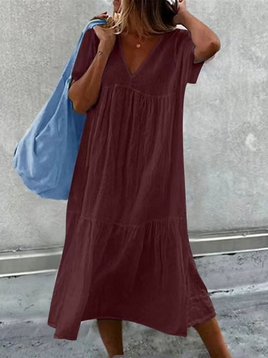 Mujer Vestido Midi Vestidos de lino y algodón 100% Algodón Vestido de cambio Vestido de verano Casual Diario Vacaciones Holgado Plano Manga Corta Escote en Pico Negro Blanco Vino Verde Ejército 2026 - $27.99 –P7
