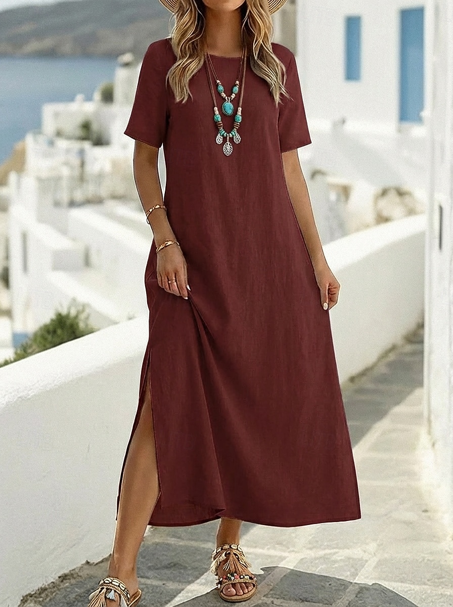Mujer Vestido maxi 100% Algodón Vestido de verano Vestido blanco vestido de playa Básico Casual Diario Exterior Holgado Plano Media Manga Cuello Barco Ejercito verde Negro Blanco Vino Verano 2026 - $27.99 –P4