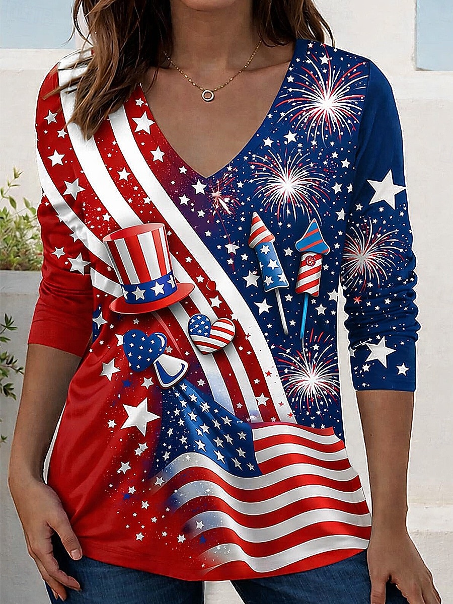 Giorno dell'Indipendenza Americana Per donna Maglietta Stampato Grafico Bandiera Americana Vintage Elegante Classico Manica Lunga Scollo a V Top Regolari Quotidiano Weekend Blu Nero Blu turchese del 2026 a $24.99 –P3