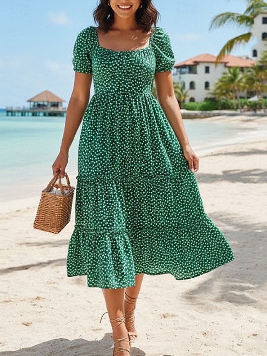 Damen Midikleid A Linie Kleid Urlaub Lässig Outdoor Ausgehen Standard Passform Blumen Kurzarm Quadrathals Grün Sommer Frühling 2026 - $22.99 –P2