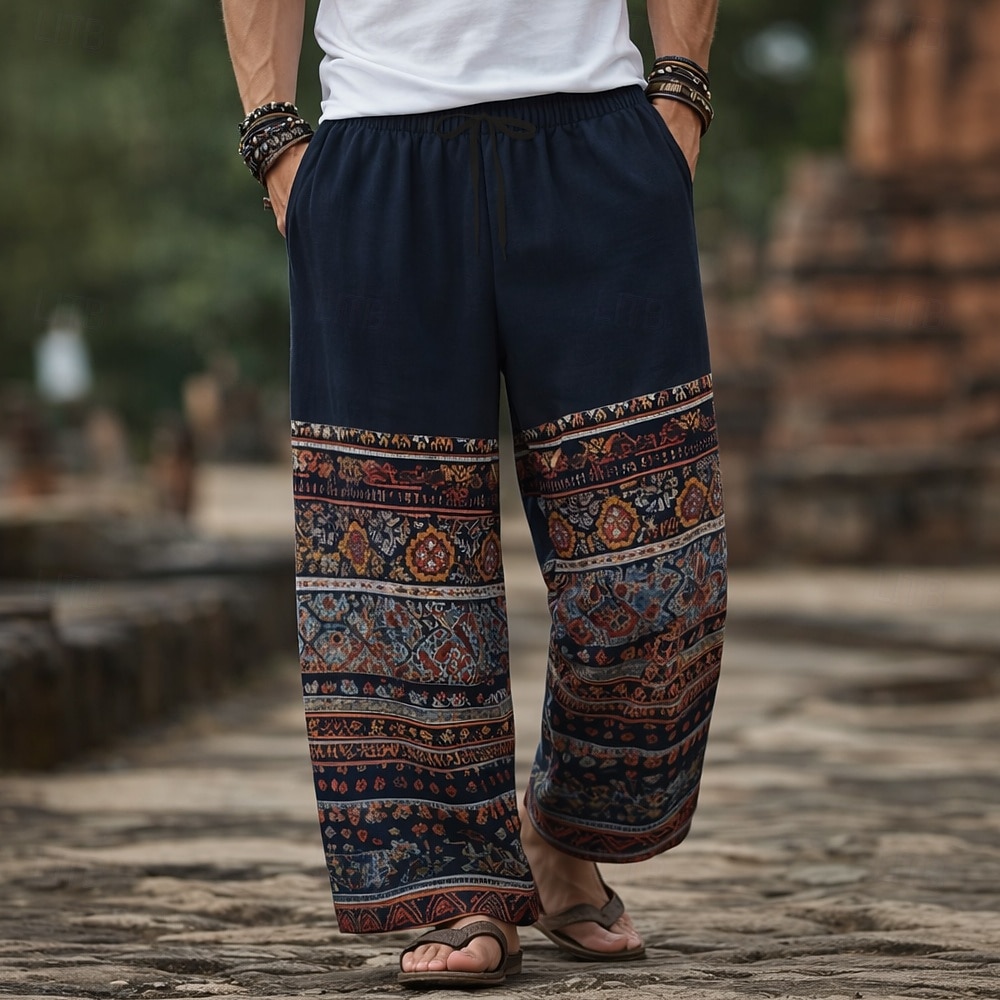Men's Floral Print Ethnic Trousers Baggy Pants Casual Pants Mid Waist Boho Vintage Retro Home Outdoor Vacation Elastic Drawstring Waist Linen-Like Pants with Pockets Summer Spring 3D Print Blue Wine 2026 - $27.99 –P1