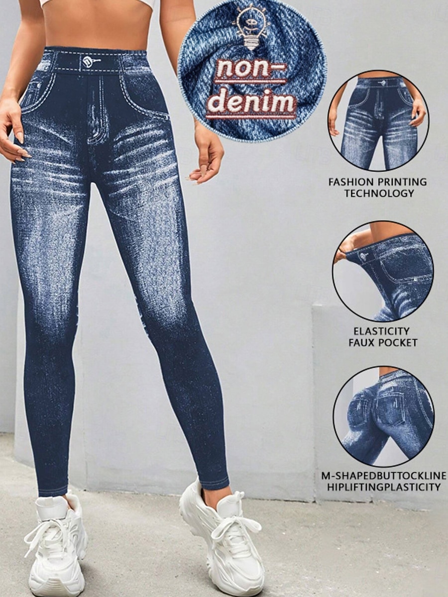 Women's Jeans Leggings Jeggings Vacation Streetwear Casual Full Length Medium Waist Plain Pocket Elastic Waist Comfy High Elasticity Daily Home Outdoor Dark navy Spring Fall Loose Fit 2026 - $14.99 –P1