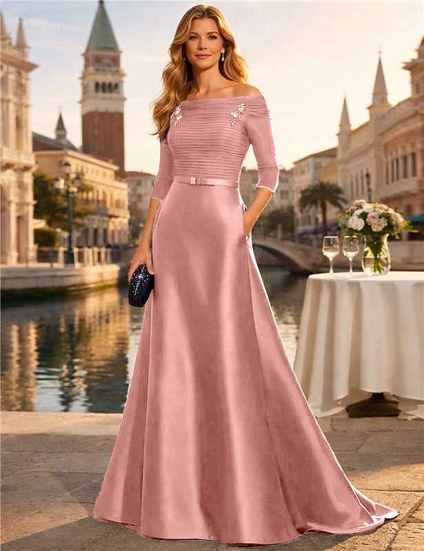 A-Line Floor Length Wedding Guest Dress Formal Dresses Evening Gown Mother of the Bride Dress Half Sleeve Off Shoulder Elegant Minimalist Mother Engagement Formal Evening Chiffon Satin with Ruched 2026 - $149.99 –P9