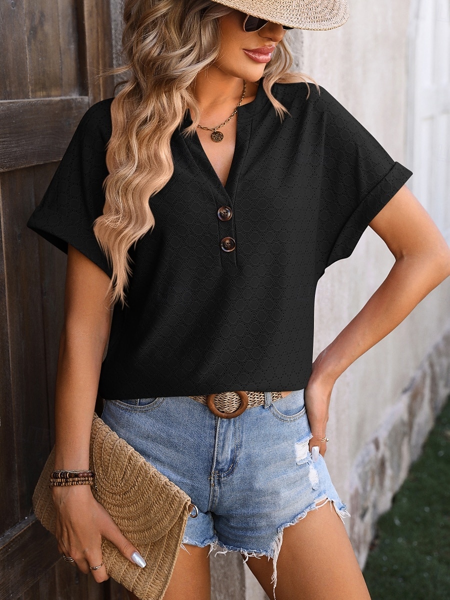Damen T Shirt T-Shirt Knöpfe Einfach Mode Stilvoll Klassisch Kurzarm V Ausschnitt Normale Oberteile Täglich Ausgehen Wochenende Blau Schwarz Purpur Fuchsie Grün Sommer Frühling 2026 - $21.99 –P3