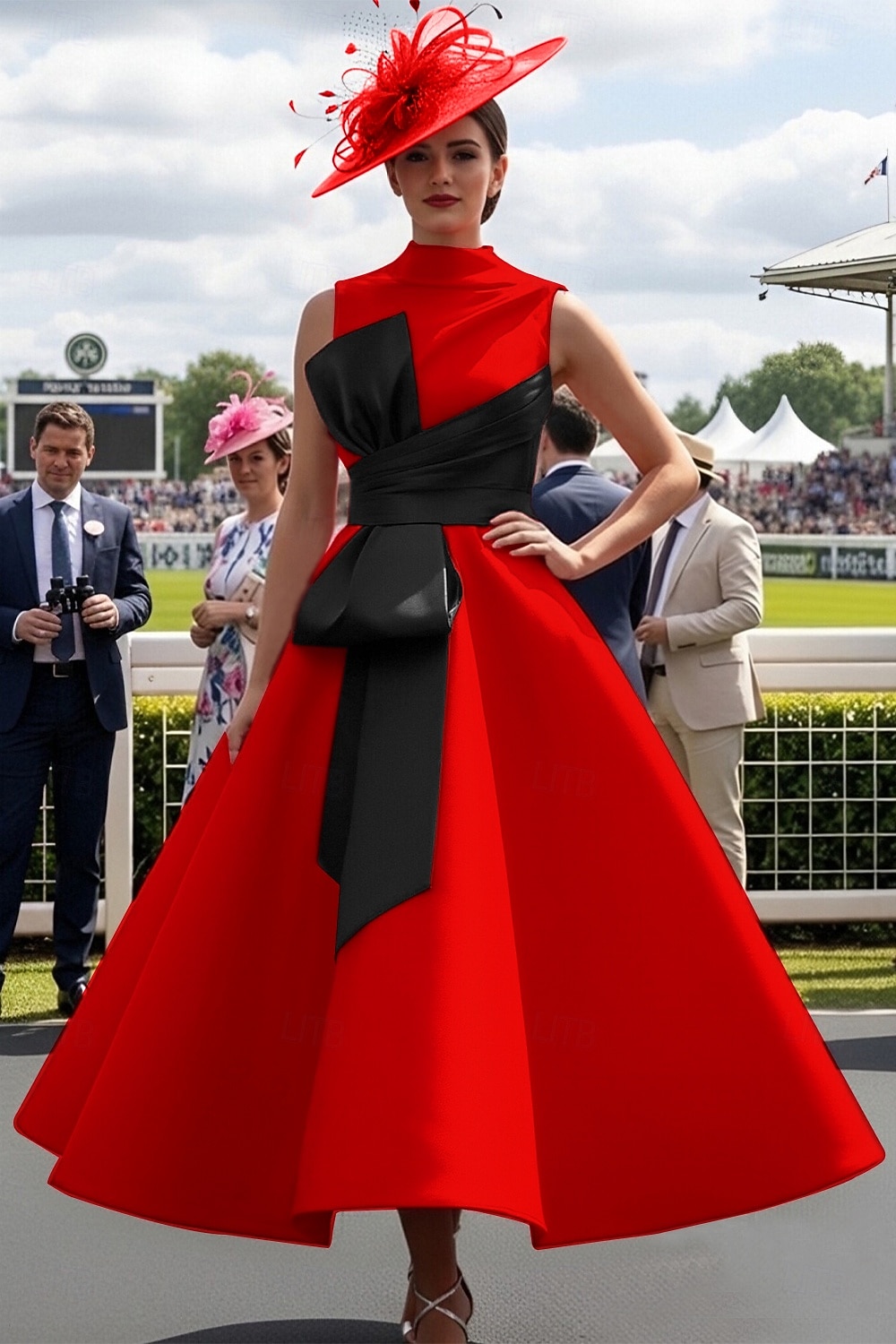 Haine Bal Lungime Gleznă Rochii de bal Rochii de seara Rochie De Bal Rochie formală Elegant 1950 Bloc de Culoare Fără manșon Gât Înalt Bal Invitat la nunta Satin cu Arc 2026 - $164.99 –P1