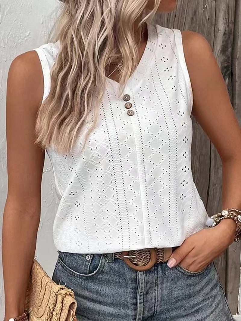 Women's Tee Eyelet top Buttons Solid Color Elegant Vintage Stylish Sleeveless V Neck Regular Tops Daily Going out Vacation Wear Black White Yellow Dusty Rose Sky Blue Summer Spring 2026 - $17.99 –P1