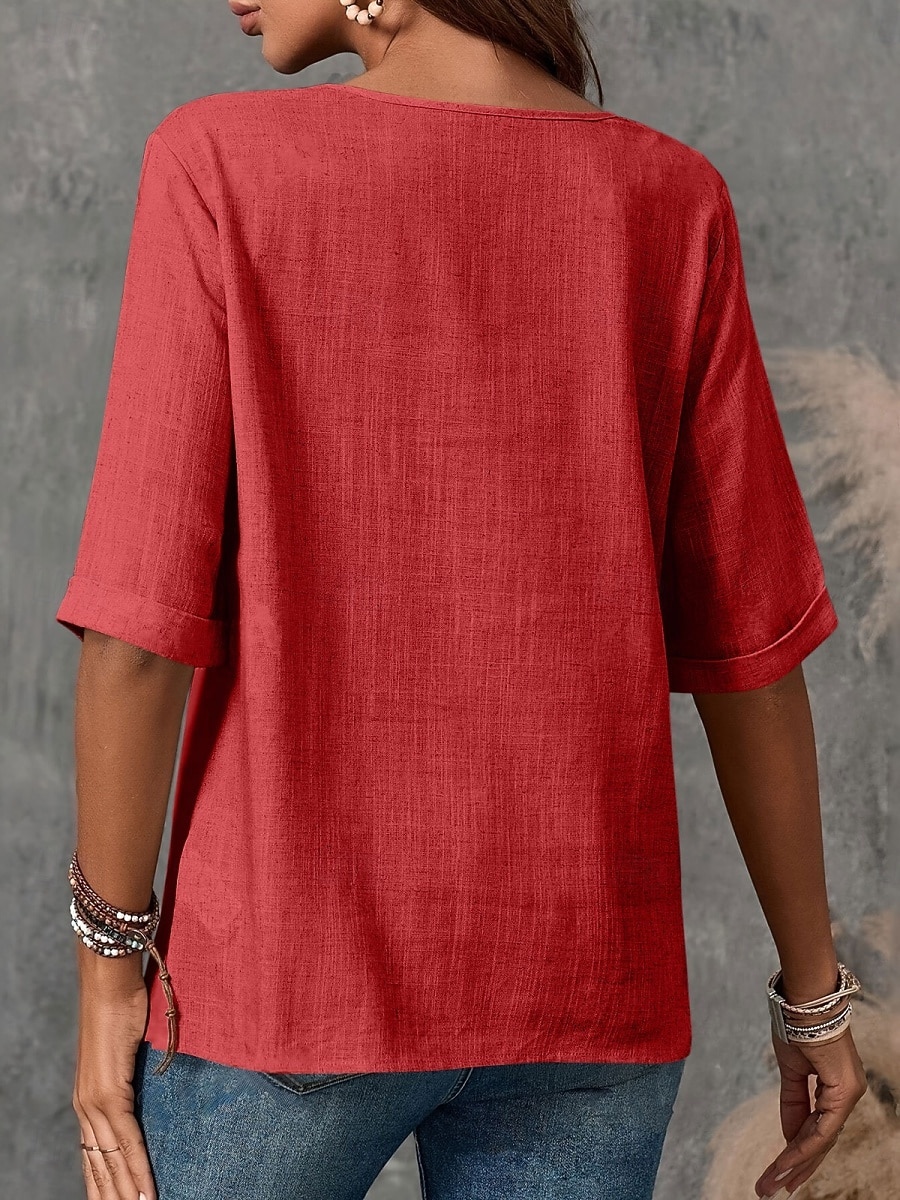 Damen Bluse Hemd aus Leinenimitat Knöpfe Einfarbig Stilvoll Basic Lässig Halbarm Rundhalsausschnitt Normale Oberteile Täglich Blau Schwarz Weiß Armeegrün Rote Sommer Frühling Herbst 2026 - $21.99 –P18