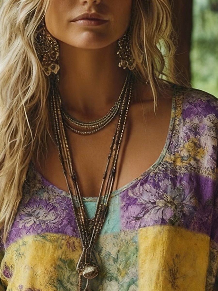 Damskie Koszulka w stylu boho Podkoszulek Koszulka Nadruk Kwiaty Zabytkowe Etniczne Codzienny Długi rękaw W serek Zwykłe topy Codzienny Weekend Ubrania wakacyjne Fioletowy Lato Wiosna Jesień 2026 - $25.99 –P2