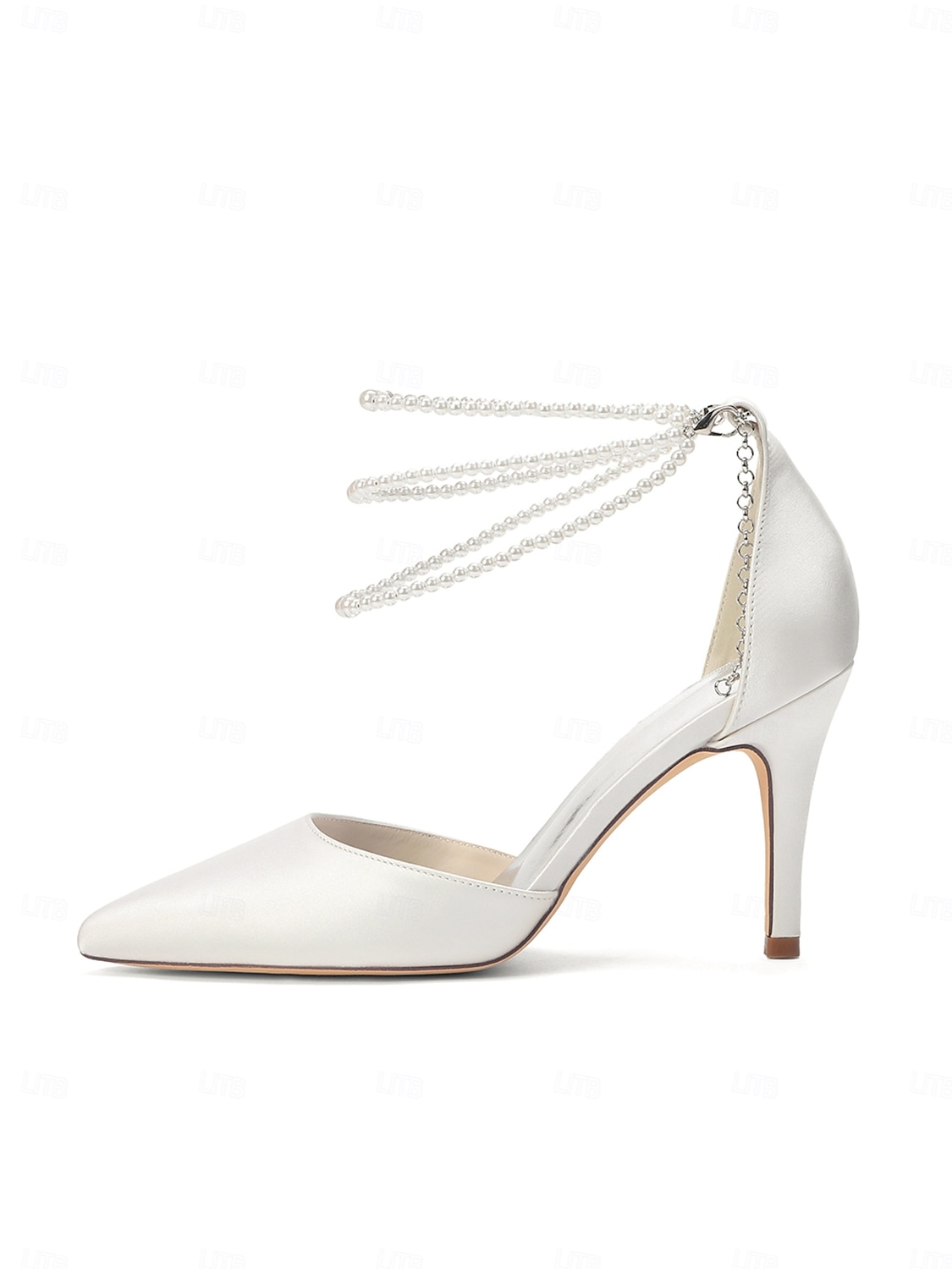 Женские серебристые атласные туфли на каблуке с острым носком и жемчужными ремешками на щиколотке, элегантные свадебные туфли для пляжной свадьбы. 2026 - $54.99 –P3