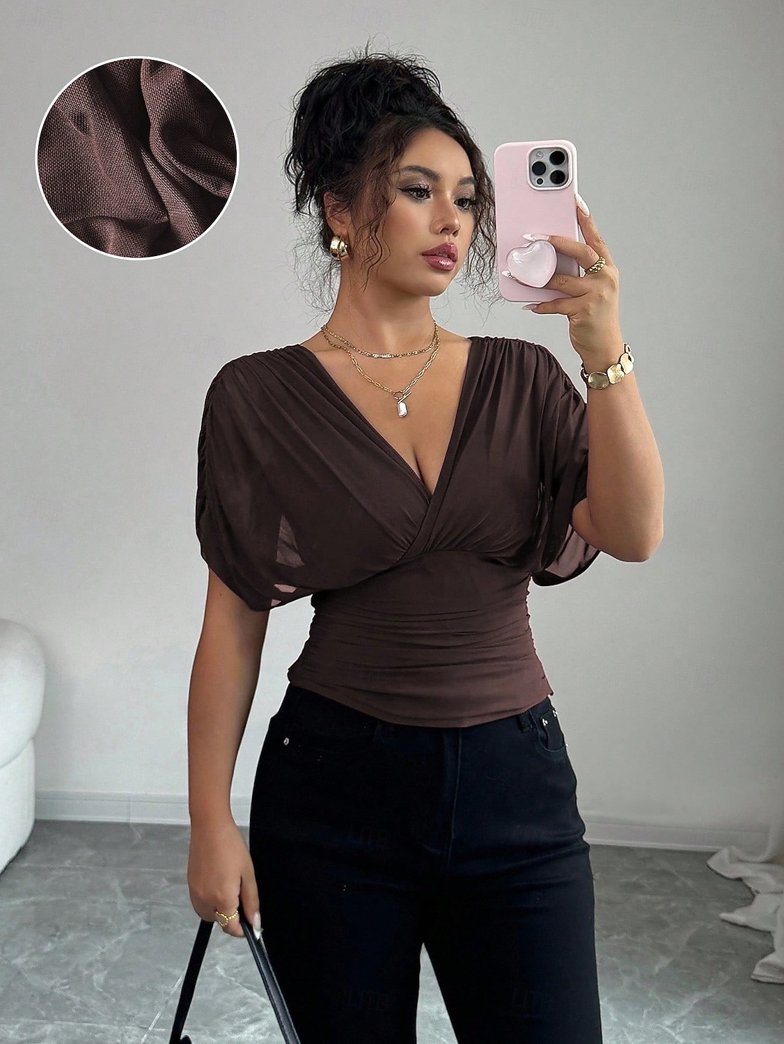 Per donna Blusa Tinta unica Semplice Elegante Vintage Moda Manica Corta Scollo a V Scollo profondo Top Regolari Rosso violaceo Marrone caffè Nero Verde militare Estate Primavera del 2026 a $24.99 –P12