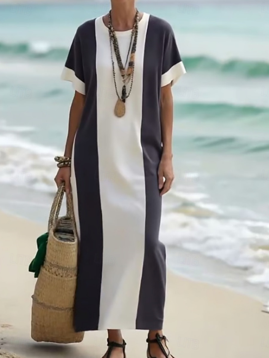 Women's Maxi Dress T Shirt Dress Tee Dress Shift Dress Vacation Casual Outdoor Going out Loose Fit Stripe Short Sleeve Crewneck Blue Black Brown Dark Purple Summer Spring 2026 - $32.99 –P7