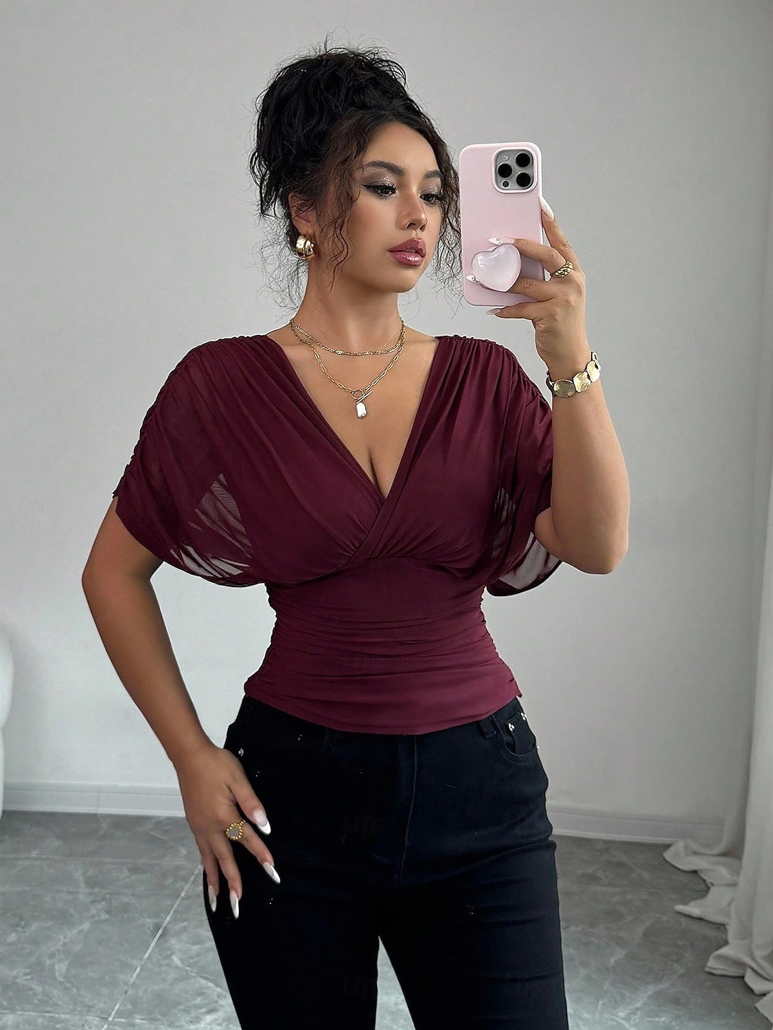 Per donna Blusa Tinta unica Semplice Elegante Vintage Moda Manica Corta Scollo a V Scollo profondo Top Regolari Rosso violaceo Marrone caffè Nero Verde militare Estate Primavera del 2026 a $24.99 –P2