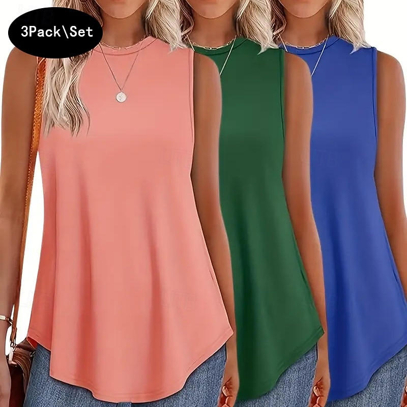 Multipack 3st Dam Rund hals Ärmlös Svart + Rosa + Vit Stridsvagn Väst Ärmlös tröja Slät Ledigt Dagligen Polyester Sommar 2026 - E£2181.22 –P1