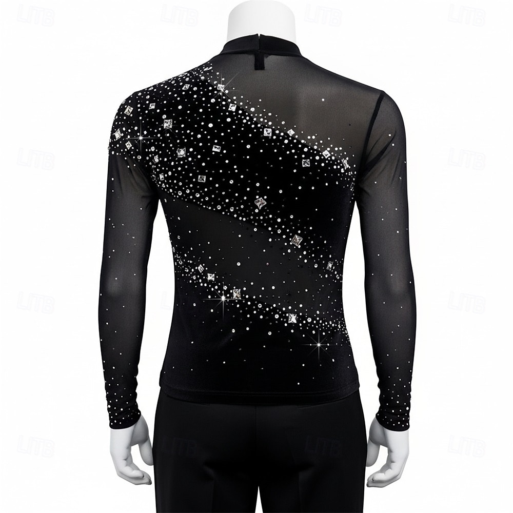 Figure Skating Top Men's Ice Skating Tops Black Patchwork Stretchy Training Competition Skating Wear Classic Crystal / Rhinestone Long Sleeve Ice Skating Figure Skating 2026 - $293.29 –P2