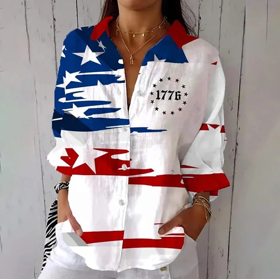 Ημέρα Αμερικανικής Ανεξαρτησίας Γυναικεία Πουκάμισο Σουρωτά Κουρελού Κουμπιά Γραφική Σημαία Βίντατζ Στυλάτο Μακρυμάνικο Ριχτά μανίκια Καμπάνα Κολάρο Πουκαμίσου Κανονικά μπλουζάκια 2026 - $39.99 –P1