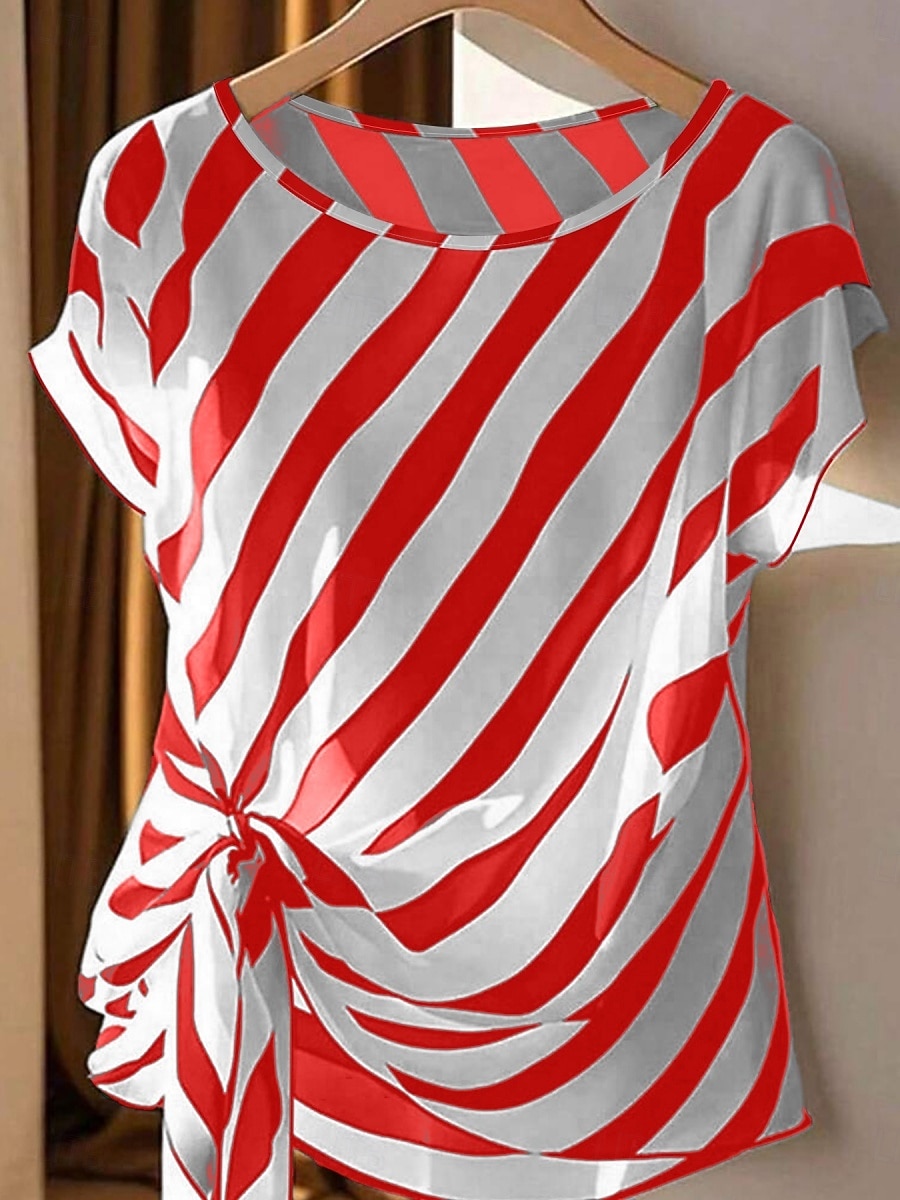 Mujer Camiseta Camiseta superior Estampado A Rayas Moda Elegante Clásico Manga Corta Cuello Barco Tops regulares Diario Noche Fin de semana Negro Rojo Verde Trébol Verano Primavera 2026 - $19.99 –P3