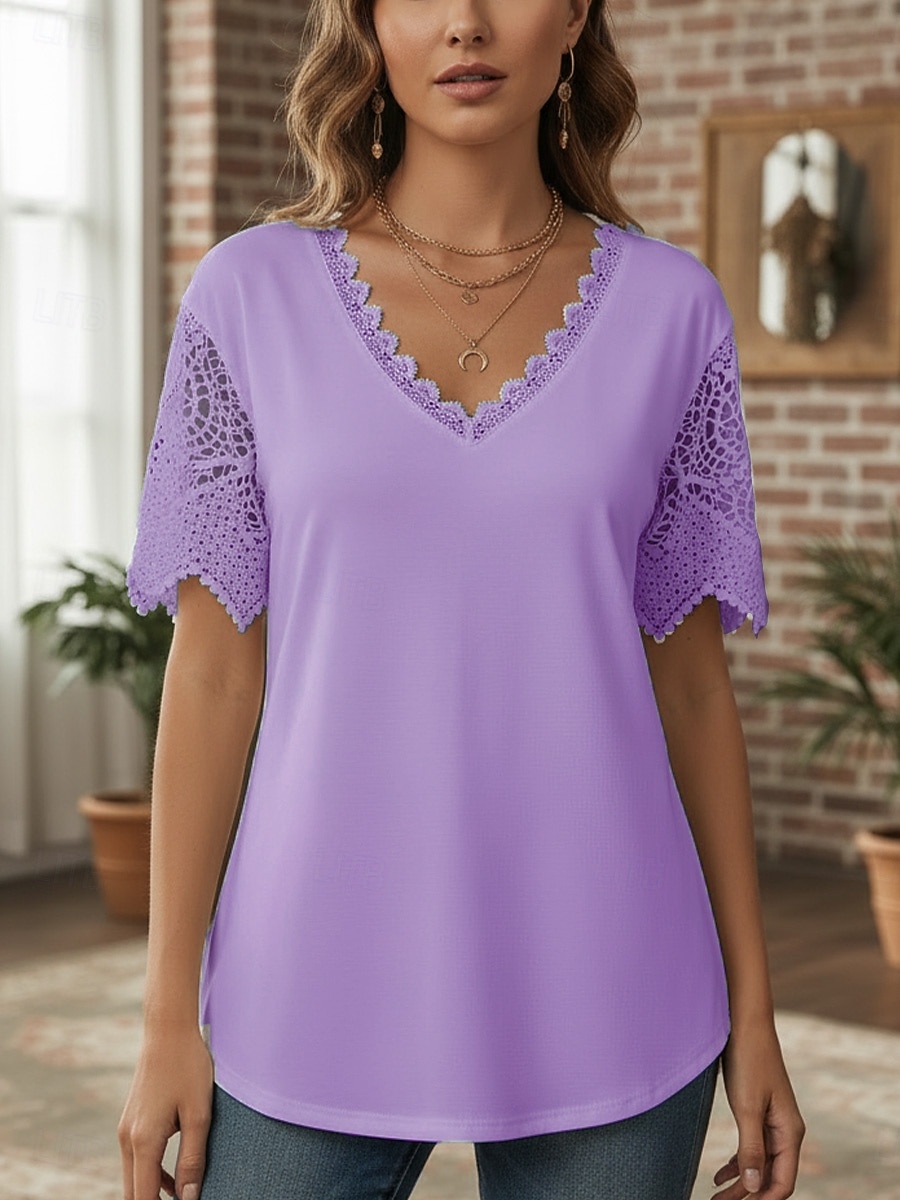 Damen Hemd Bluse Spitzentops Patchwork Spitzenbesatz Einfach Bohemien Stilvoll Lässig Kurzarm V Ausschnitt Normale Oberteile Täglich Ferien Ausgehen Weiß Rosa Purpur Leicht Blau Sommer Frühling 2026 - $15.99 –P3