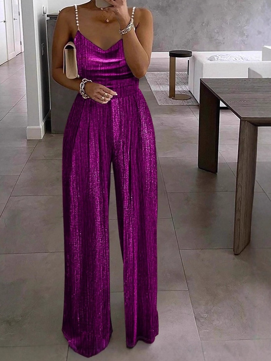 tuta normale da donna streetwear tinta unita senza maniche gamba larga scollo tondo paillettes festa ballo di fine anno vestibilità regolare blu nero vino estate del 2026 a $35.99 –P3