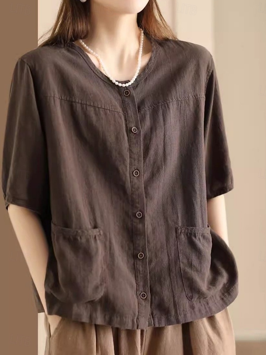 Women's Blouse Faux Linen Shirt Pocket Buttons Solid Color Daily Casual Half Sleeve Crew Neck Regular Tops Daily Black White Pink Brown Green Summer Spring 2026 - $21.99 –P5