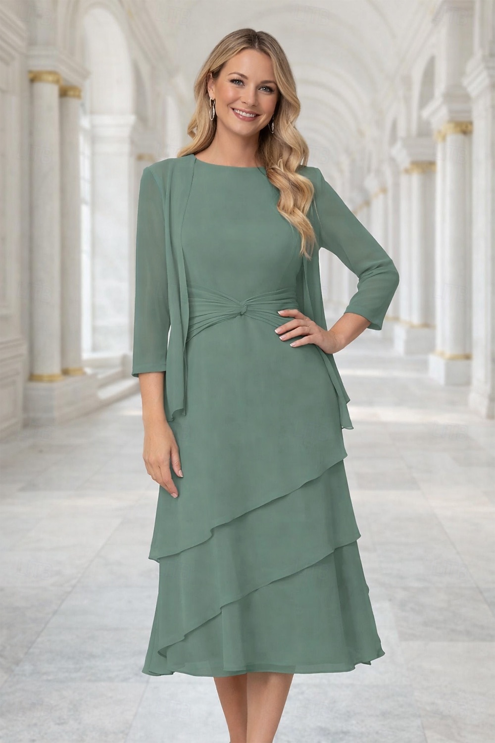 Tubino Colonna Lunghezza Tè Abito da invitata a nozze Abito da cerimonia per signora Manica 3/4 Collo gioiello Elegante Ospite di nozze Chiffon Con Stola con Arricciatura del 2026 a $160.99 –P3